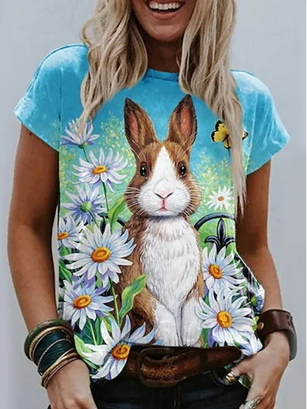 

Crew Neck Floral Cotton Blends Short Sleeve T-Shirt, Blue, T-Shirts