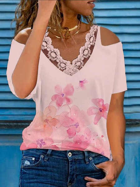 

Floral Cotton Blends Short Sleeve Tops, Pink, T-Shirts