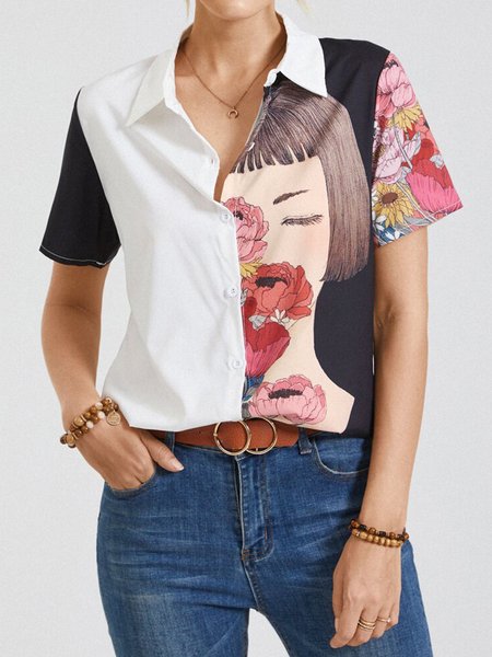 

Statement Loosen Shirt Collar Short Sleeve Blouse, Multicolor, Blouses and Shirts