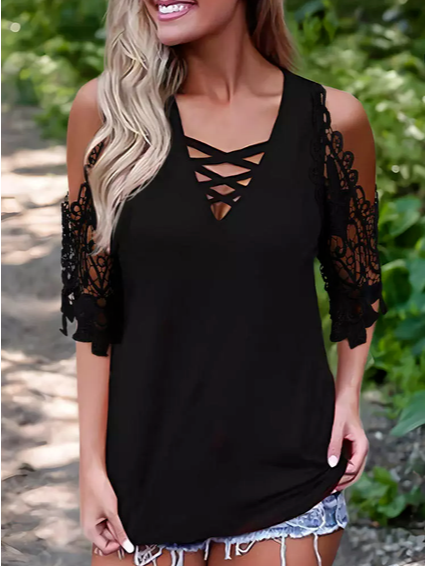 

Cotton Blends V Neck Short Sleeve Tops, Black, T-Shirts