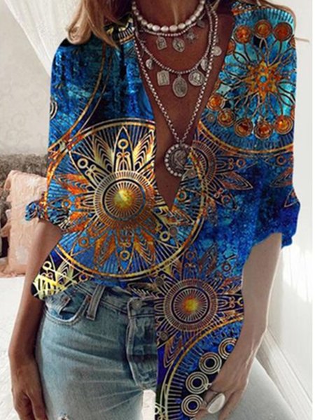 

Vacation Tribal Shirt Collar Long Sleeve Blouse, Multicolor, Shirts & Blouses