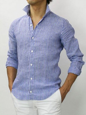 

Casual Shirt Collar Cotton Long Sleeve Shirt, Blue, Blouses&Shirts