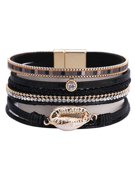 Boho Shell Leather Bracelet, Black, Bracelets