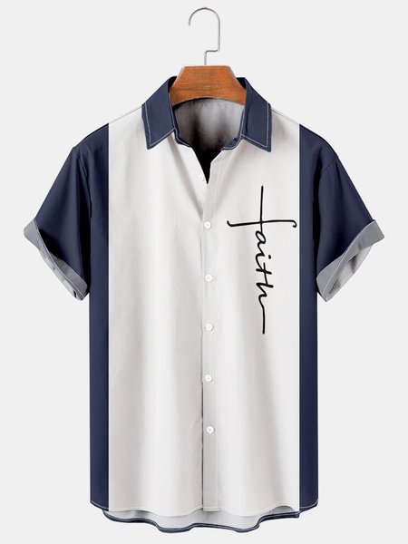 

Mens Crucifix Print Casual Breathable Short Sleeve Bowling Shirts, Navy blue, Shirts ＆ Blouse