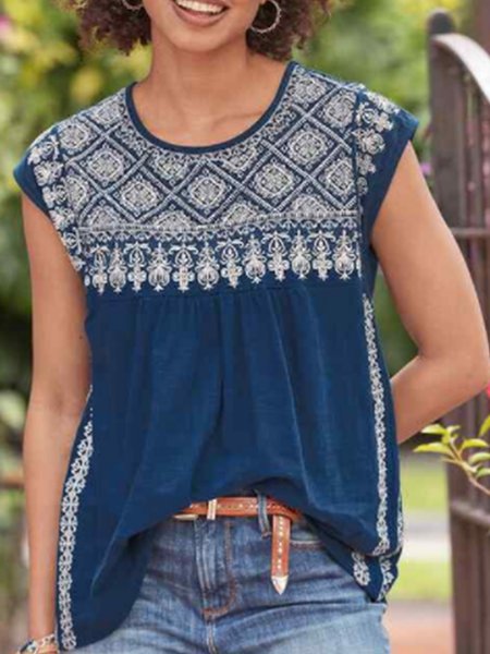 

Tribal Elegant Loosen Crew Neck Short Sleeve Tops, Multicolor, Tunics