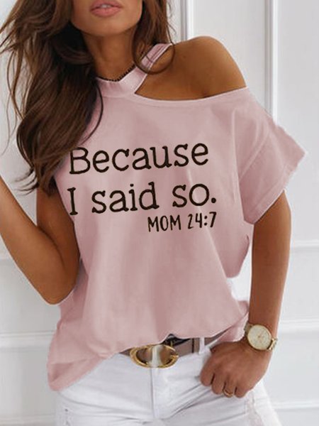 

Letter Printed Loosen Casual One Shoulder Short Sleeve T-Shirt, Pink, T-Shirts