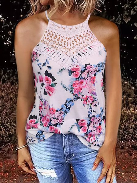 

Floral Lace Sleeveless Plus Size Casual Tank Tops, Pink, Tank Top