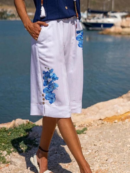 

Floral Loosen Cotton Blends Shorts, White, Shorts