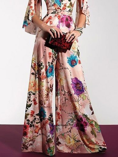 Floral Satin Pants, Pink, Wide Leg Pants