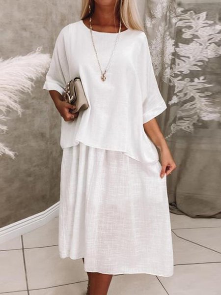 

Casual Round Neck Plain Short Sleeve Women Dress, White, Midi Dresses