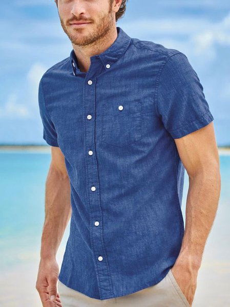 

Vintage Shirt Collar Cotton Short Sleeve Shirt, Blue, Blouses&Shirts