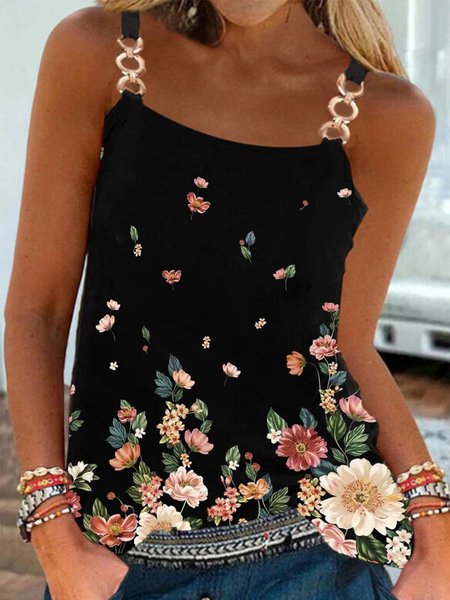 

Casual Floral Sleeveless Knit Tank Tops, Black, Tank Top