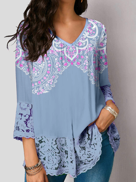 

V Neck Casual Tribal Three Quarter Tops, Blue, Tops