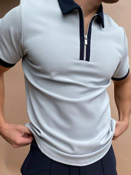 

Casual Style Basic Plain Color Lapel Short-Sleeved Printed POLO Top, Gray, Men's t-shirts