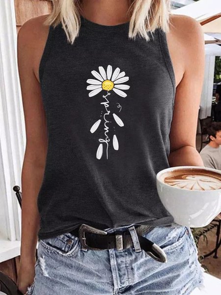 

Spring Daisy Sleeveless Crew Neck Plus Size Casual Tank Tops, Deep gray, Tank Top