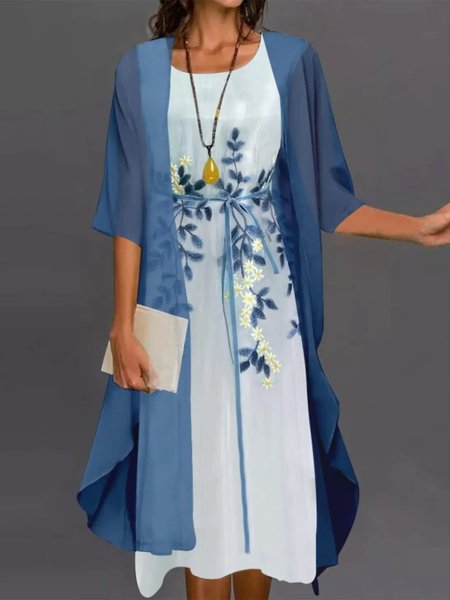 

Crew Neck Floral Regular Fit Short Sleeve Woven Dress, Blue, Suit Set