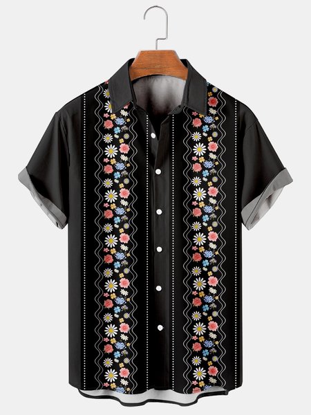 

Floral Graphic Men's Casual Short Sleeve Bowling Shirt, As picture, Shirts ＆ Blouse