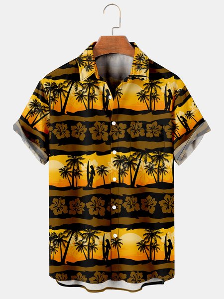 

Men's Coconut Tree Print Casual Breathable Short Sleeve Hawaiian Shirt, Yellow, Men's Floral shirt