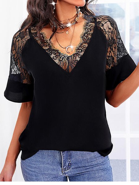 

Casual V Neck Short Sleeve T-Shirt, Black, T-Shirts