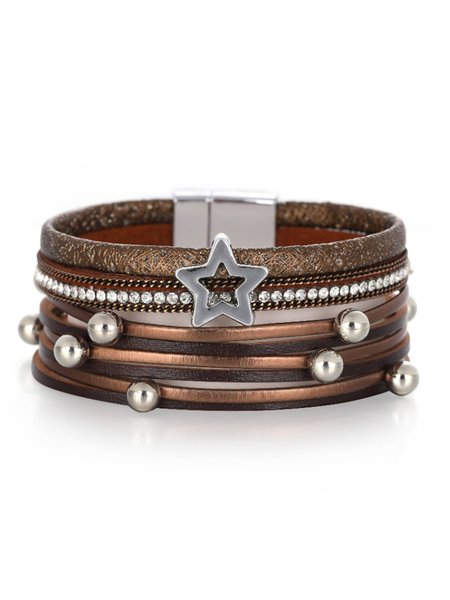 Star Pearl Faux Leather Magnetic Buckle Bracelet, Brown, Bracelets