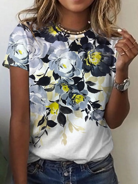 

Vacation Floral Round Neck Short Sleeve T-Shirt, White, T-Shirts