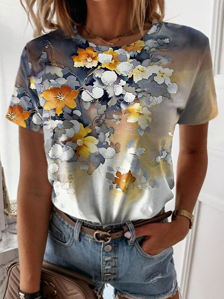 

Round Neck Regular Fit Floral Short Sleeve T-Shirt, Yellow, T-Shirts