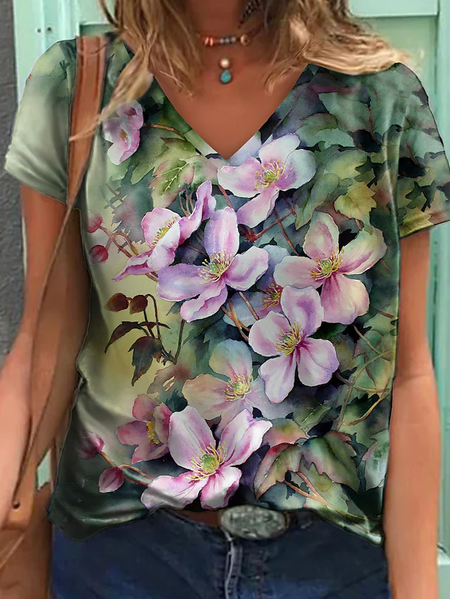 

Floral Cotton Blends Regular Fit Casual Short Sleeve Tops, Green, T-Shirts