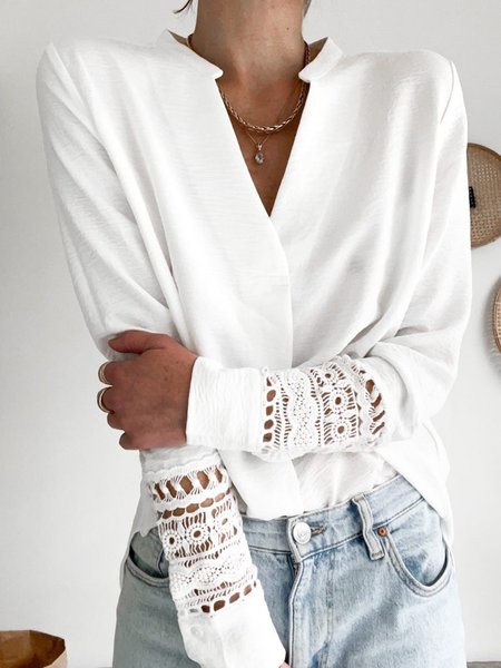 

Guipure Hollow Out V Neck Long Sleeve Tops, White, Long sleeve tops