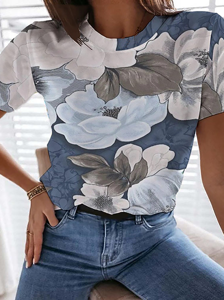

Plus size Floral Casual Short Sleeve T-Shirt, Blue, T-Shirts