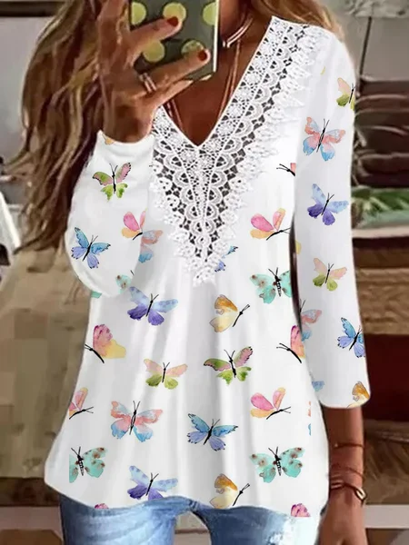 

Butterfly Casual V Neck Lace Three Quarter T-Shirt, White, T-Shirts