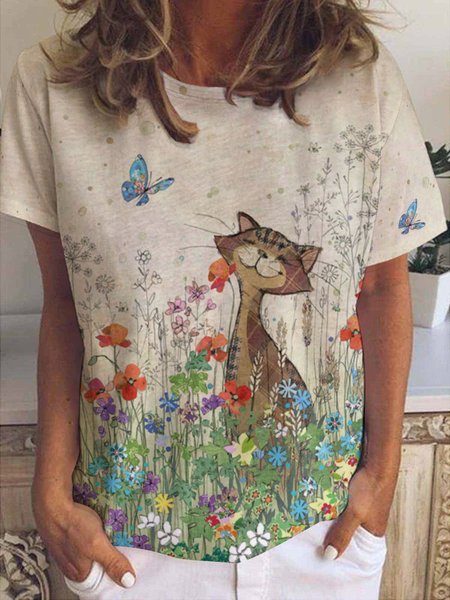 Casual Floral Cat Print Crew Neck Short Sleeve T-Shirt, As picture, T-shirts
