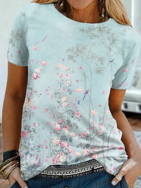 

Casual Round Neck Floral Short Sleeve T-Shirt, Multicolor, T-Shirts