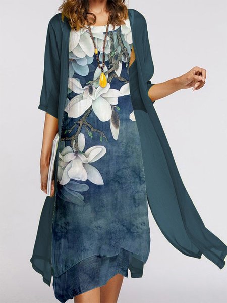 

Floral Short Sleeve Woven Dress, Blue, Suit Set