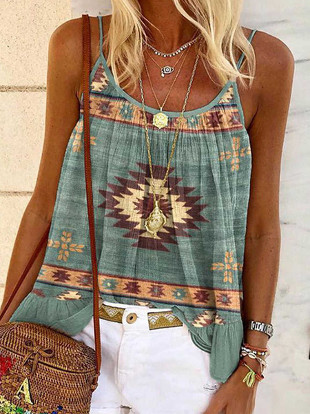 

West Styles/Cows Tribal Spaghetti Woven Loose Fitting Ribbed Tank Tops, As picture, Tank Top