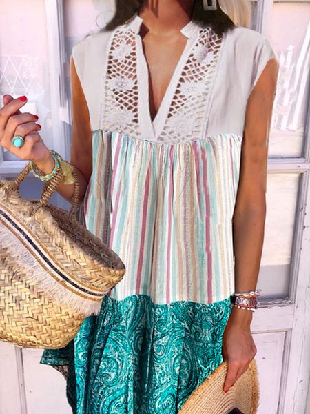 

Striped printed lace stitching spring new explosion style value and comfortable women's dress, Multicolor, Mini Dresses