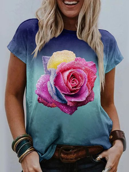 

Floral Loosen Casual Short Sleeve T-Shirt, Blue, T-Shirts