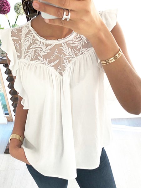 

Vacation Crew Neck Solid Short Sleeve Tops, White, T-Shirts