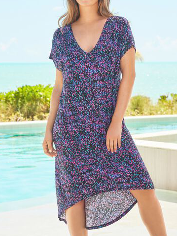 

Floral V Neck Loosen Short Sleeve Woven Dress, Purple, Midi Dresses