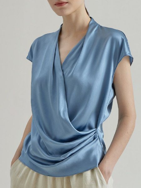 

Solid V neck Elegant Short Sleeve Top, Blue, Tunics