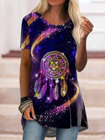 

Dreamcatcher Casual Feather Crew Neck Short Sleeve Tops, Purple, T-Shirts
