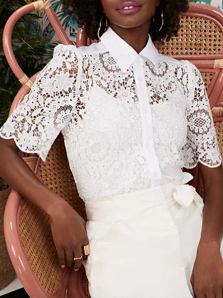 

Elegant Short Sleeve Shirt Collar Lace Blouse, White, Blouses and Shirts