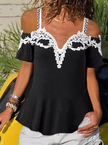

Lace Casual V Neck Short Sleeve T-Shirt, Black, T-Shirts