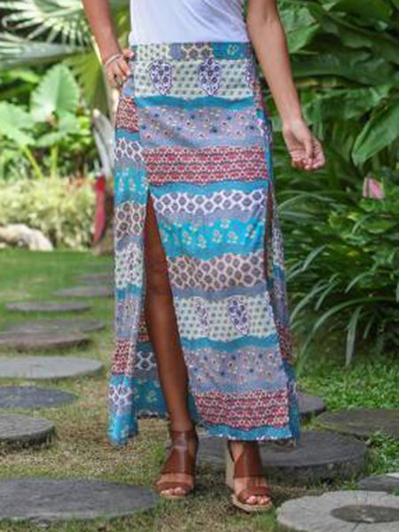

Tribal Printed Holiday Regular Fit Casual Long Skirts, Blue, Skirts