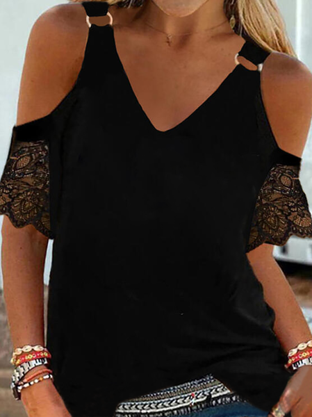 

Plus size V Neck Plain Cold Shoulder T-Shirt, Black, T-Shirts