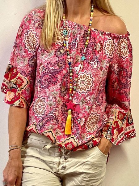 

Loosen Casual Tribal Cotton Blends Long Sleeve Tops, Multicolor, Long sleeve tops