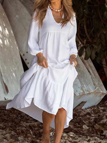 

Plus size Casual Plain Long Sleeve Dress, White, Midi Dresses