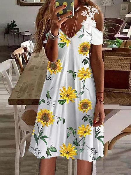 

Plus size Sunflowers Floral Casual Short Sleeve Dress, White, Mini Dresses