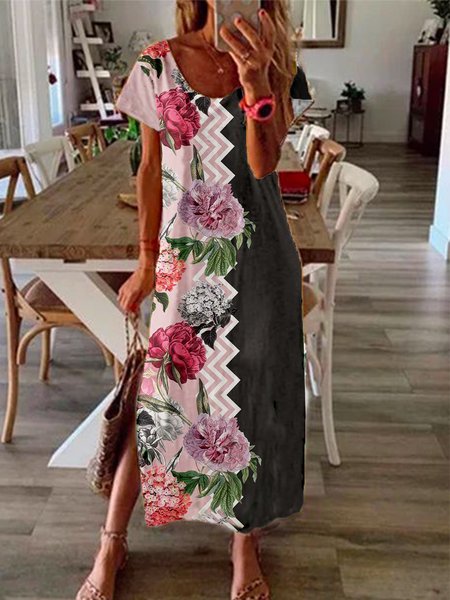 

Floral Vacation Regular Fit Short Sleeve Knit Dress, Pink, Maxi Dresses