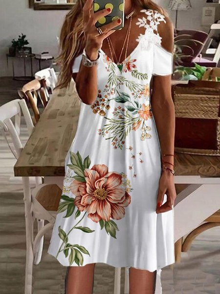 

V Neck Casual Short Sleeve Knit Dress, White, Dresses