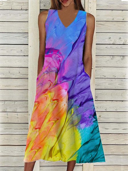 

Light shadow rainbow gradient multicolor printing loose A-Pocket dress long Plus Size, Dresses